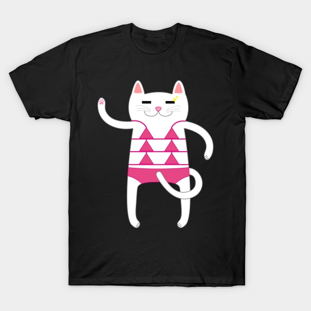 White Cat Wearing a Pink Bikini Swimsuit T-Shirt by Babey Bog